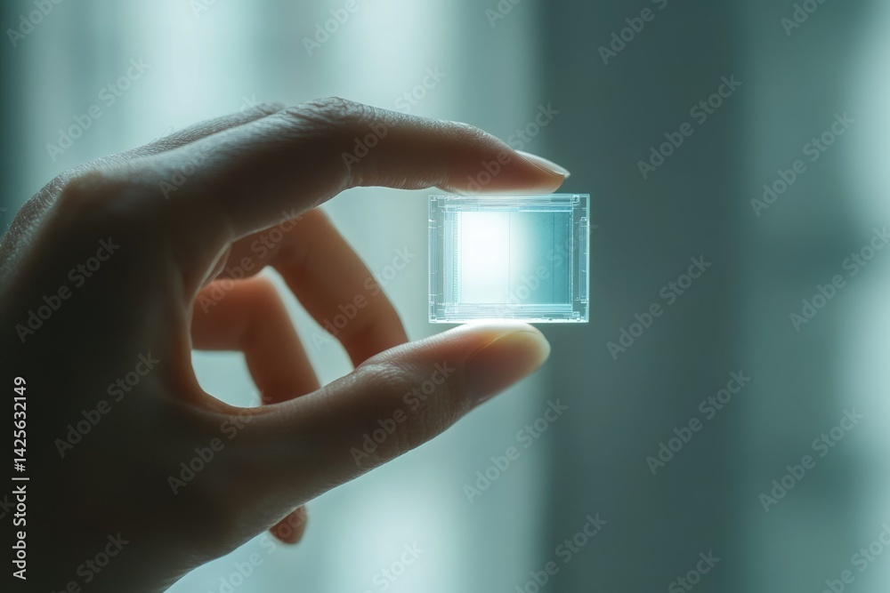 Poster a hand delicately holds a small, translucent, glowing square, possibly a microchip or sensor.