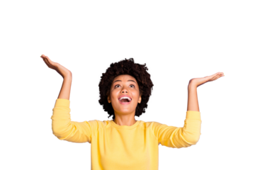 Close-up view portrait of her she nice attractive charming lovely cheerful cheery glad excited dreamy wavy-haired girl having fun looking up isolated over violet purple lilac pastel color background