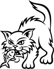 Cat eating a fish Stylish silhouette vector illustration, cat eating a fish isolated line art vector icon design