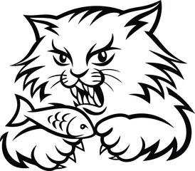 Cat eating a fish Stylish silhouette vector illustration, cat eating a fish isolated line art vector icon design