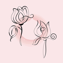 Elegant Line Art Floral Design with Pink Watercolor Background