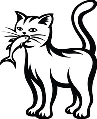 Cat eating a fish Stylish silhouette vector illustration, cat eating a fish isolated line art vector icon design