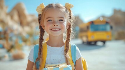 School girl smiling with bus background.