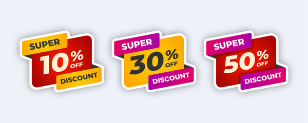 Three discount stickers with 10 30 and 50 percent off.