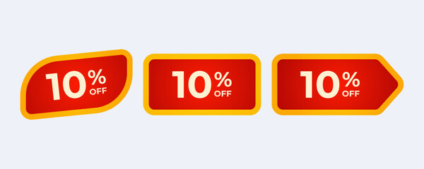 Three red and yellow labels with 10 off are shown.