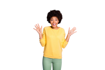 Portrait of her she nice attractive glad girlish cheerful cheery amazed astonished wavy-haired girl wow emotion expression isolated over violet purple lilac pastel color background