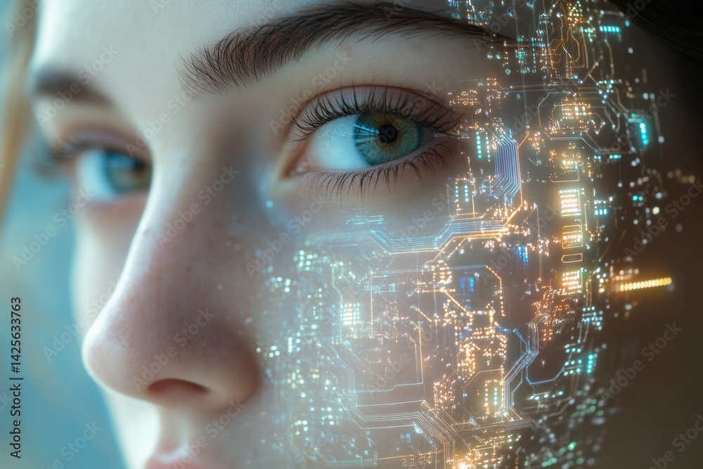 Aufkleber a woman's face overlaid with a futuristic circuit board, representing technological integration with