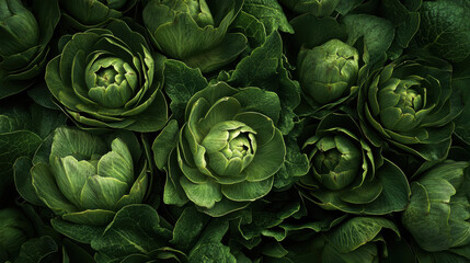 Obraz premium Lush green artichokes arranged beautifully, showcasing their intricate layers and textures