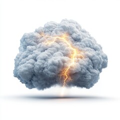 A dramatic 3D rende of an isolated cumulonimbus cloud bursting with bright lightning bolts against a stark white background ideal for weather or power related design projects.