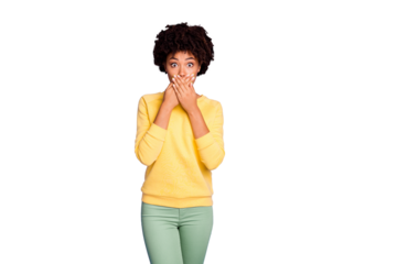 Photo of frightened girlfriend covering her mouth with hands after having told restricted private wearing green pants trousers yellow sweater trendy isolated over purple pastel color background