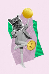 Pop surreal collage of person having cat face stand on purple background with flying coin