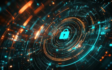 Digital padlock security concept with glowing lines and circles in a dark background.