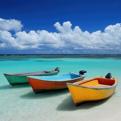 Naklejka premium Colorful fishing boats on a pristine tropical beach