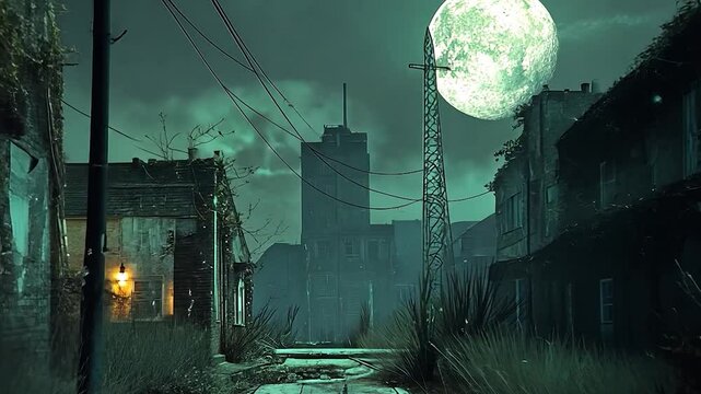 Abandoned urban landscape under a full moon, showcasing dilapidated buildings and overgrown vegetation