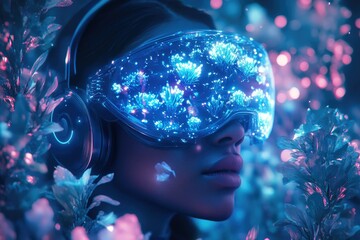 A woman wearing a futuristic VR headset experiences a vibrant, bioluminescent digital garden.