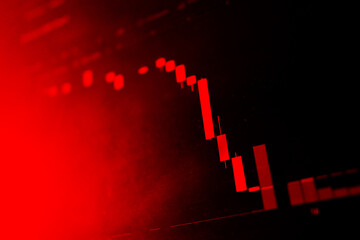 Red candlestick chart showing sharp stock market crash due to tariff policy or financial crisis, symbolizing economic downturn, trading panic, and global financial instability in vivid red tones.