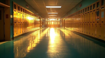 School Hallway Lockers Sunset Light.