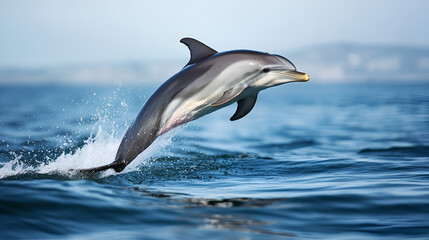 Fototapeta premium dolphin, fast, fin, grey, intelligent, jump, mammal, playful, speed, splash, swim, wave, wildlife, aquarium, clear, creature, fish, flipper, leap, life, sunlight, aquatic
