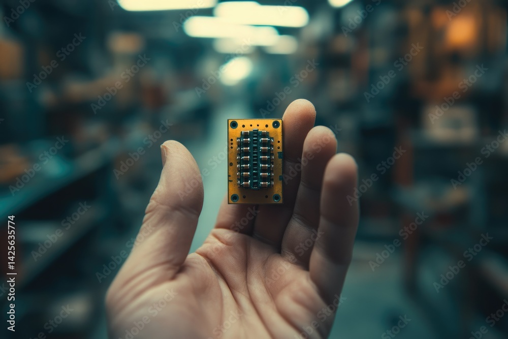 Fototapete a hand holds a small, yellow circuit board with numerous components, possibly a microchip or integra