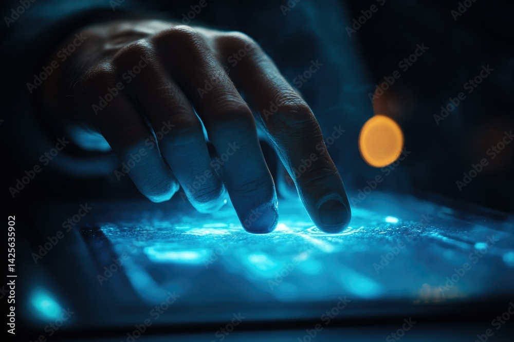 Poster A hand interacts with a glowing blue touchscreen interface, showcasing advanced technology.