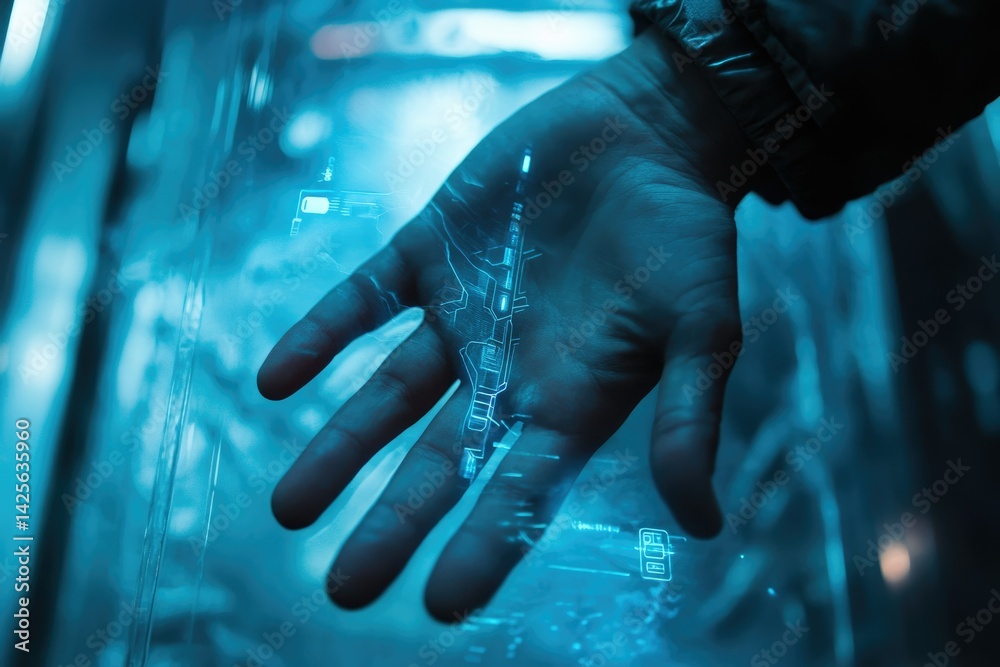Leinwandbilder A hand interacts with a futuristic holographic interface, displaying a digital map or data.