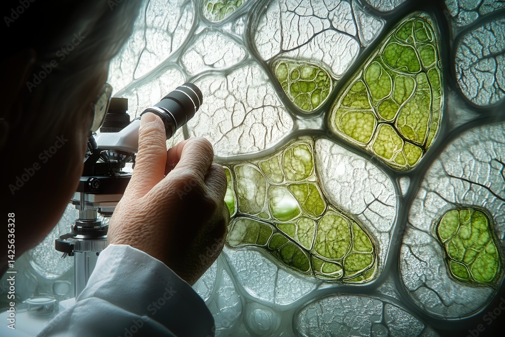 Aufkleber A scientist examines a microscopic image of cellular structures, possibly plant cells or microorganism colonies.