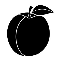 flat black peach fruit silhouette with stem vector illustration