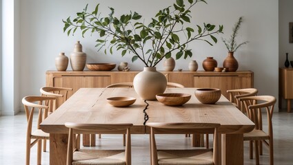 a minimalist and modern dining room setting with a natural and earthy aesthetic.