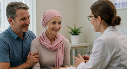 Obraz premium Caucasian couple receiving information on successful cancer treatment. Middle aged Female patient and her husband with doctor during consultation. Woman and her spouse listening to oncologist.