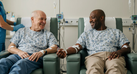 Senior Caucasian and middle aged Black African American men bonding and supporting each other in infusion chairs. Diverse male cancer patients laughing during chemotherapy treatment in hospital.