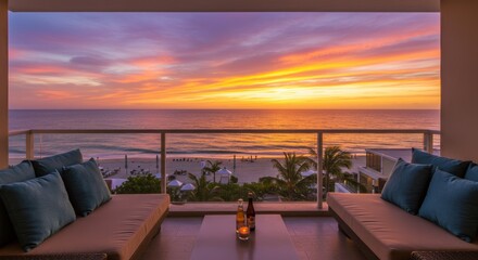 Fototapeta premium Sunset skies and palm trees from modern beach suite