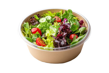 Fresh healthy salad served in a round cardboard container isolated on clean white background for design use