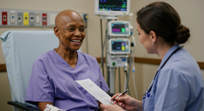 Happy black female cancer patient in purple gown at medical examination. Oncologist discussing treatment with smiling elderly African American bald woman. Senior cancer survivor receiving good news.