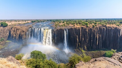 Fototapeta premium Panoramic view of majestic Victoria Falls, featuring a vibrant rainbow arching over the cascading water. Vast cliffs form the backdrop, with lush vegetation and a distant savanna landscape
