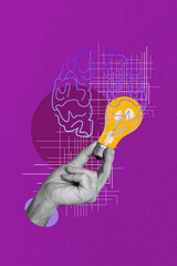 Vertical sketch 3d collage poster of hand hold light bulb idea finding cyber brain icon artificial...