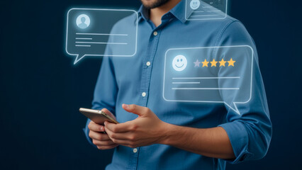 Young Man Engaging with Smartphone Surrounded by Digital Feedback Icons and Chat Bubbles Illustrating Modern Communication Trends