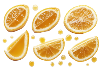 Juicy sliced lemon with golden liquid dripping gently isolated on a pure white background for design
