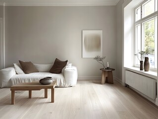 Fototapeta premium Minimalist Scandinavian Living Room with Cozy Textiles, Generative AI