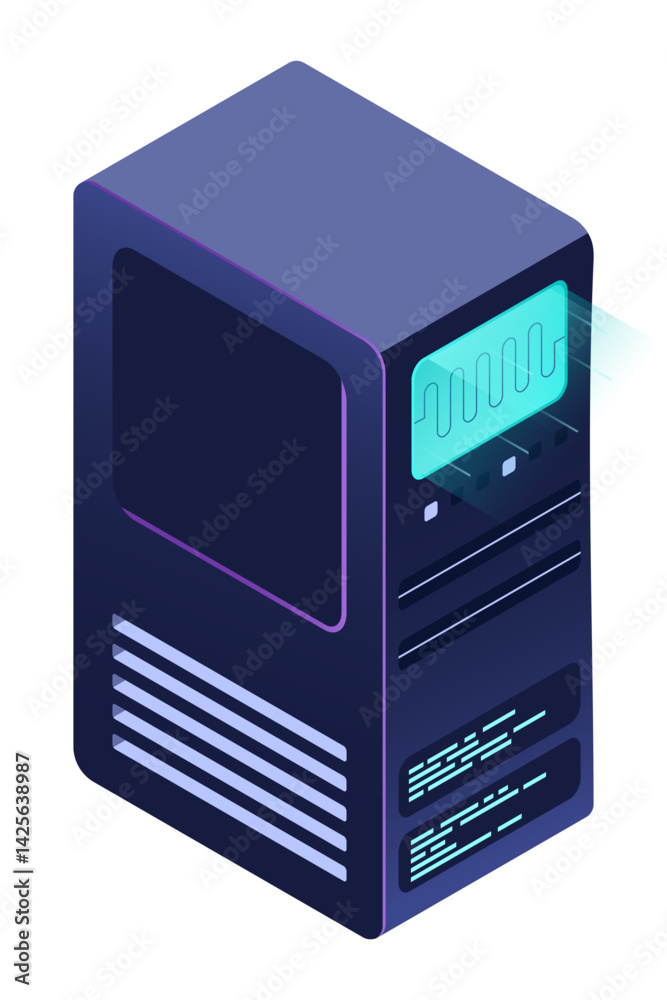 Poster isometric futuristic server. isometric database or data center. abstract blockchain. computer storag