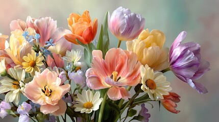 Obraz premium Floral Arrangement with Colorful Tulips and Daisies in Pastel Tones