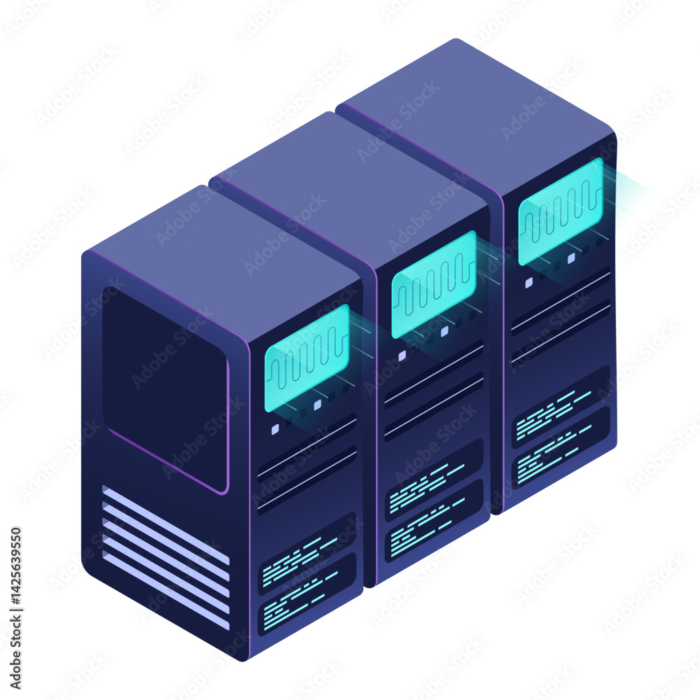 Poster Isometric futuristic server. Isometric database or data center. Abstract blockchain. Computer storage. Cloud storage. Isometric technology
