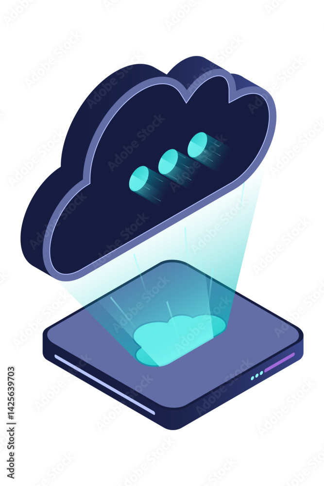 Poster isometric cloud database. cloud computing and file cloud storage. modern technology. isometric techn