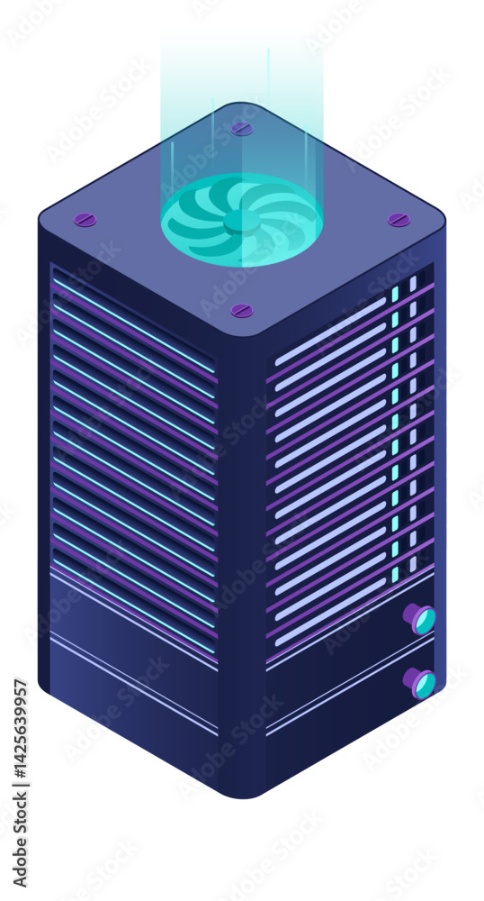 Poster Isometric futuristic server. Isometric database or data center. Abstract blockchain. Computer storage. Cloud storage. Isometric technology