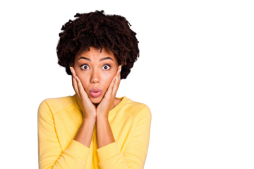 Photo of terrified stunned shocked girlfriend touching her cheekbones pouting her lips noticing her cheeks enlarged isolated over purple pastel color background