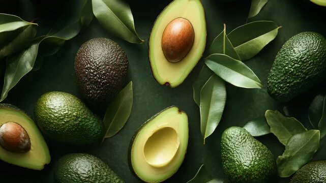 A close up of avocados with one of them cut open. The avocados are surrounded by green leaves