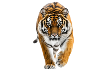 Majestic adult tiger walking with strength and grace isolated on bright white background for visual impact