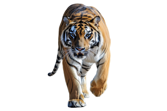 Full body image of a bold adult tiger walking forward isolated clearly on a white background
