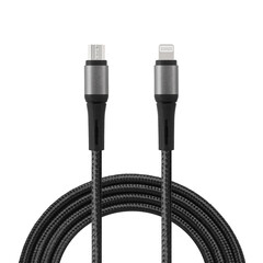 Black cable for charging and synchronization with Lightning and Micro USB connectors on a white...
