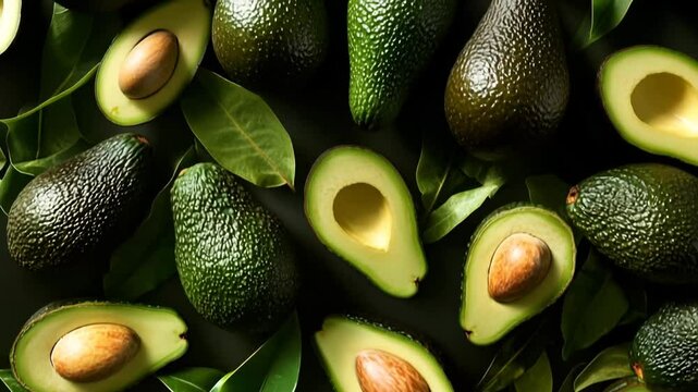 A close up of avocados with one of them cut open. The avocados are surrounded by green leaves