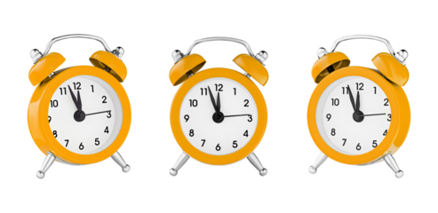 classic watch, pointer clock, Orange color alarm watch on isolated white background close up